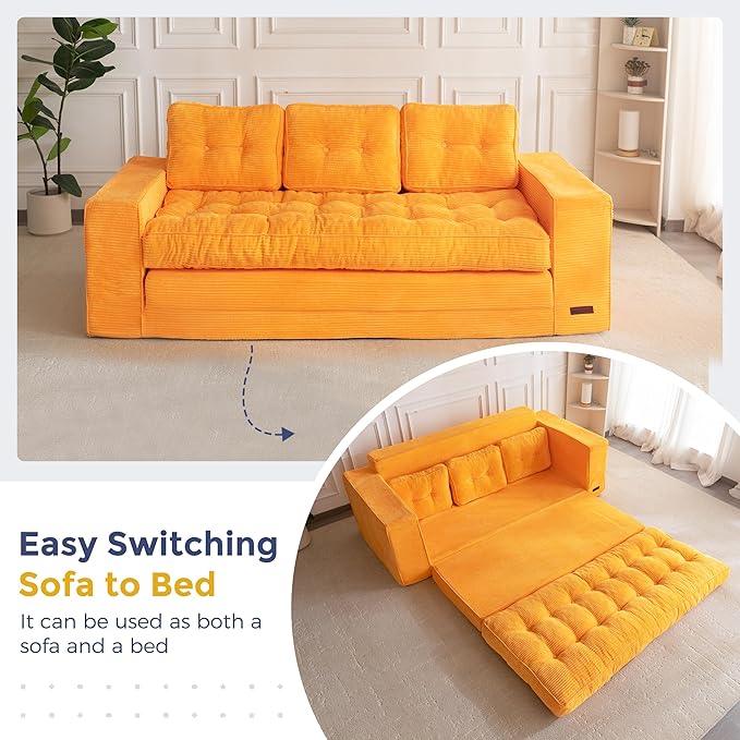 MAXYOYO Convertible Sofa Bed, Pull Out 3 Seater Sleeper Sofa, 2 in 4 Folding Couch Bed, Fold Out Floor Couch with Pillows for Living Room Bedroom Lounge, Orange