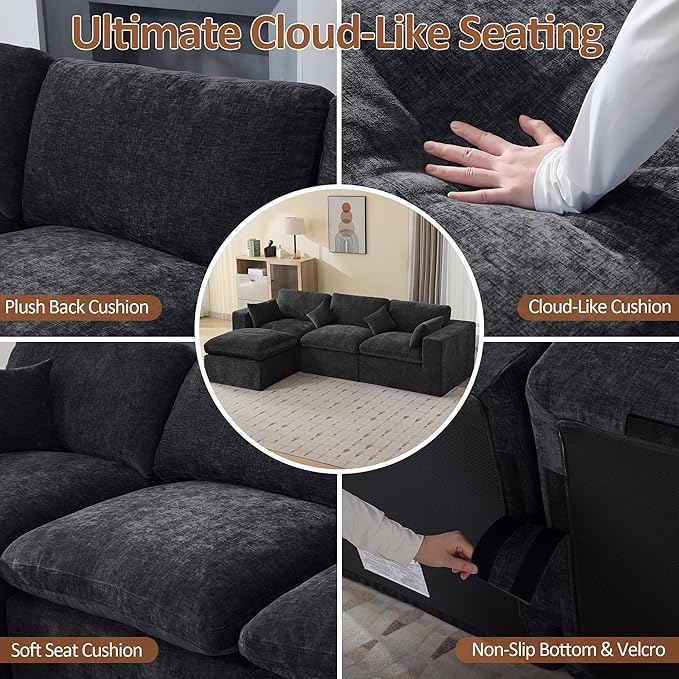 115''Cloud Boneless Sectional Couch, Modular Sectional Sofa Deep Seat with Ottoman, Oversized Upholstered Convertible Comfy 4 Seater Chenille Sofa L Shape Couches for Living Room, Dark
