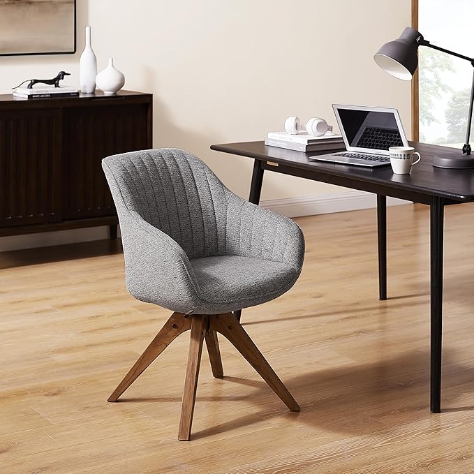 Art Leon Swivel Dining Chair - Mid Century Modern Fabric Upholstered Dining Room Chair with Wood Legs, Leisure Side Chair with Arms for Living Room, Gray