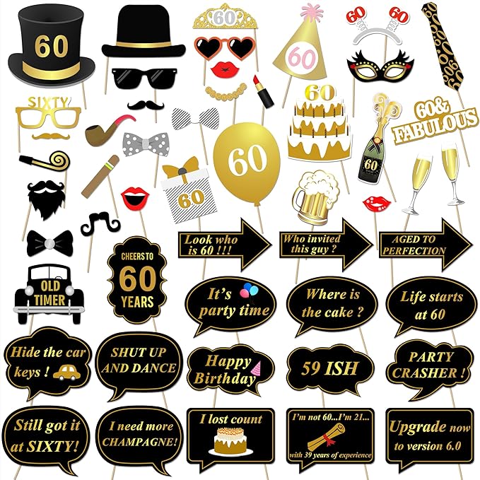 60th Birthday Party Photo Booth Props (51Count) for Her Him 60th Birthday Gold and Black Decorations, Konsait Big 60 Birth...
