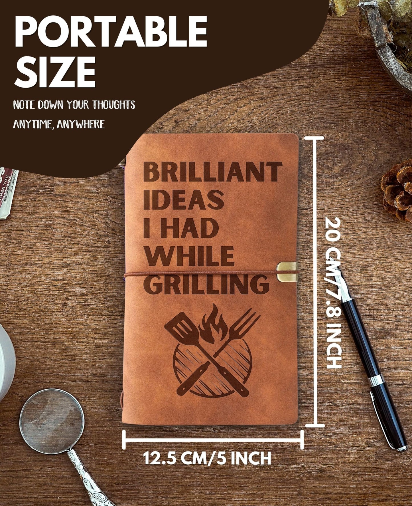 InnoBeta Grilling BBQ Gifts for Men, Dad, Grandpa, Grill Journal Pen Set for Birthday, Christmas, Unique Notebook, Travel Diary, Lined Planner, 7.8x5 Inches, Brown