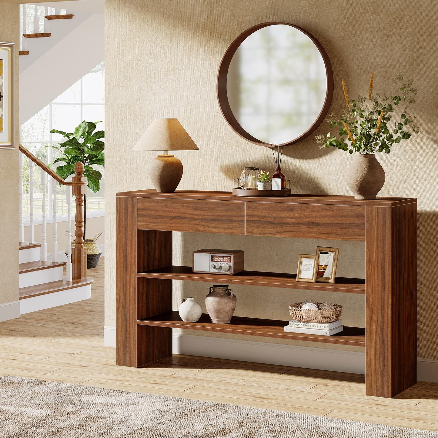 Tribesigns 53.15-Inch Console Table with 2 Drawers, 3-Tier Entryway Table with Storage for Living Room, Sofa Console Behind The Couch for Foyer, Hallway, Entrance (Dark Walnut)