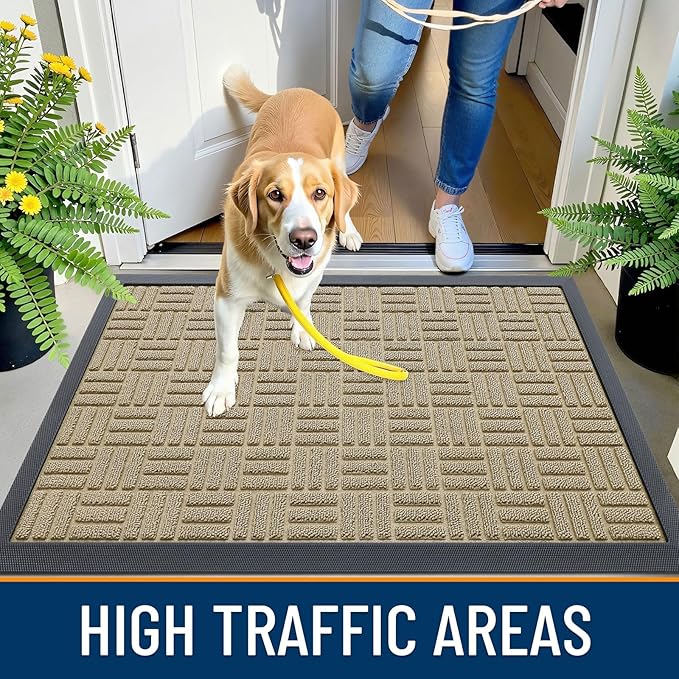 OLANLY Front Door Mat Outside Entrance 29.5x17, Absorbent, Heavy Duty Sturdy Natural Rubber Doormat Indoor Outdoor, Stain and Fade Resistant, Non-Slip Backing Low Profile Floor Mat for Entryway, Beige