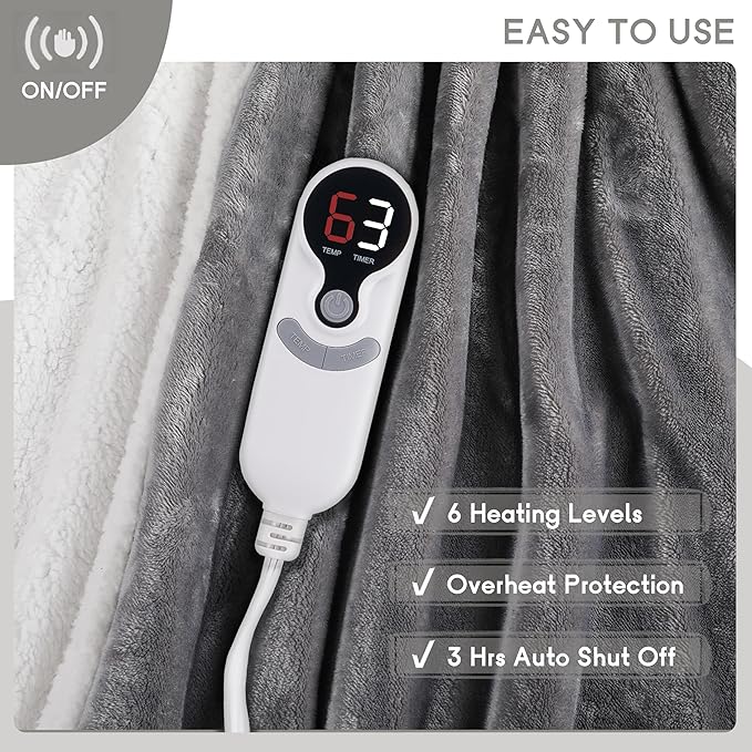 Heated Blanket Electric Throw Size 50''x60'' with 9 Heating Levels, 3 Hour Auto Shut Off, Machine Washable, Flannel & Sherpa Double-Sided Soft Warming Blanket for Couch, Bed, Office - Light Grey