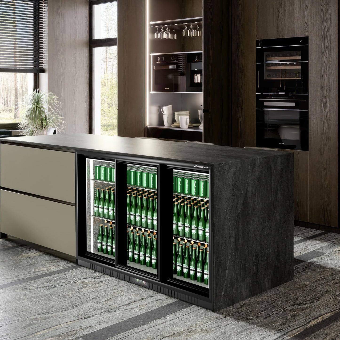 Frostronics 54 in. 335 cans Triple Sliding Door Back Bar Beverage Cooler, 10.8 cu. ft. Under Counter Glass Door Bar Fridge, lockable, 32-50°F Display Refrigerator, ETL & NSF7 Certified