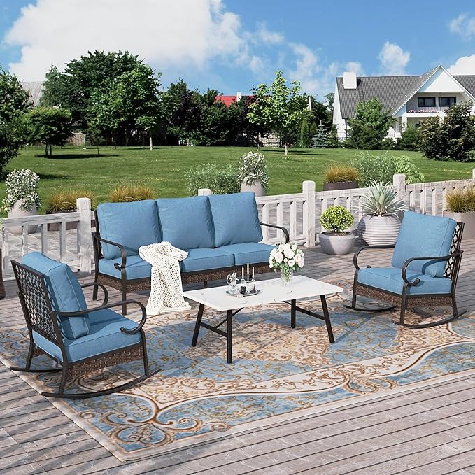 HERA'S HOUSE 4 Piece Metal Patio Furniture Set, All Weather Outdoor Conversation Set with 3 Seat Sofa, 2 Rocking Chairs & Coffee Table, Seats 5 for Backyard, Garden, Deck, Navy Blue