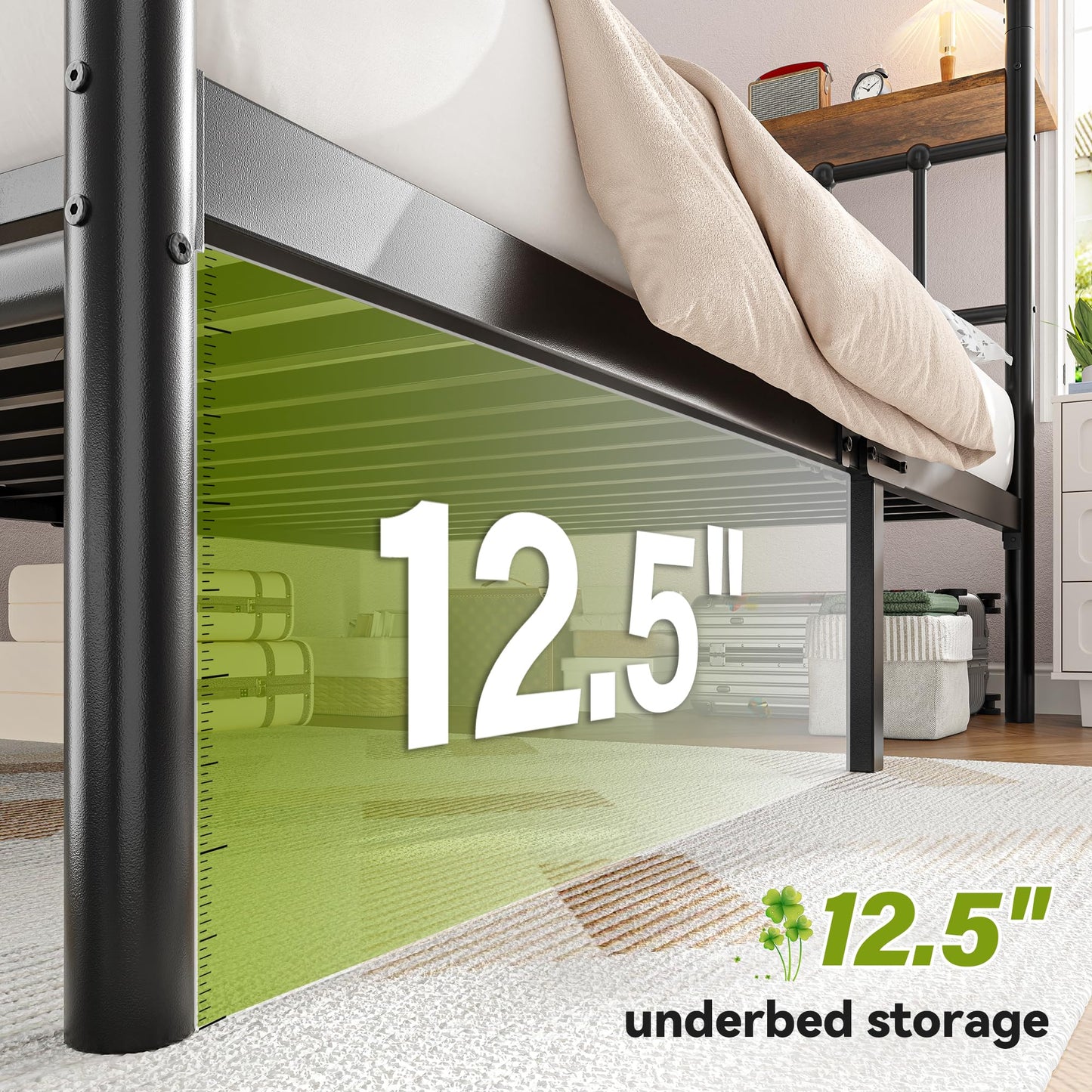 Homkdom Canopy Bed Frame with Storage Headboard, Twin Size Bed Frame with 4 Removable Posts, Sturdy Metal Platform with Under-Bed Storage, Dual Purpose Bed Frame, No Box Spring Needed, Black