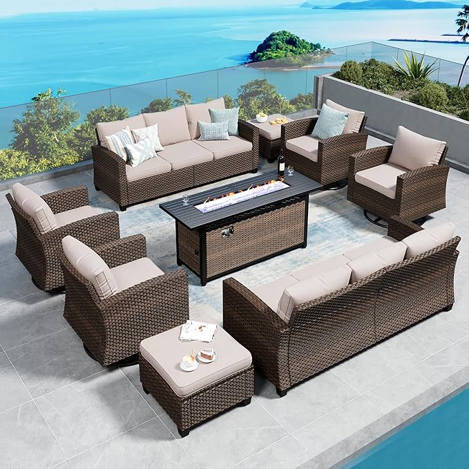 SUNSHINE VALLEY Swivel Glider Patio Furniture Set Outdoor Furniture Brown Wicker Rattan Patio Conversation Sets with Cushion Outside Sofa Set,8 Pieces with Rectangular Firepit Table,12 Seats,Beige