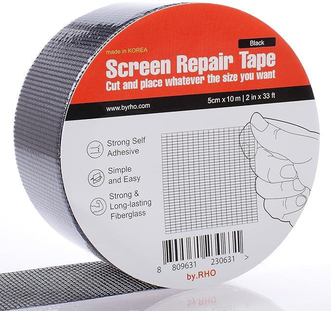 by.RHO Window Screen Repair Tape, Black, 2in x 33ft, Fiberglass Repair Kit for Window Screen and Screen Door Tears Holes, 3-Layer Strong Adhesive Waterproof Weatherproof Mesh Repair