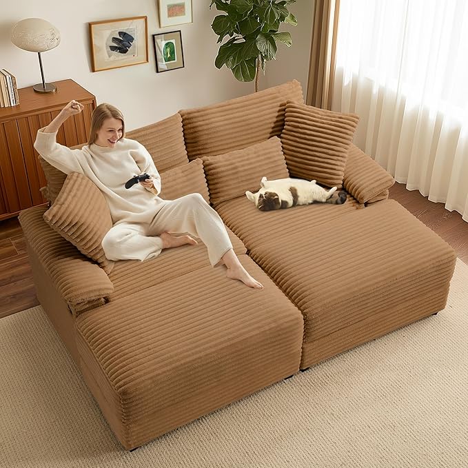 SUNWAVE 74" W Double Chaise Lounge Chair Indoor, Oversized Loveseat with Storage Ottoman, Corduroy Couch with USB Charging, Removable Ottoman, and Coffee Table Cushions for Living Room, Apartment