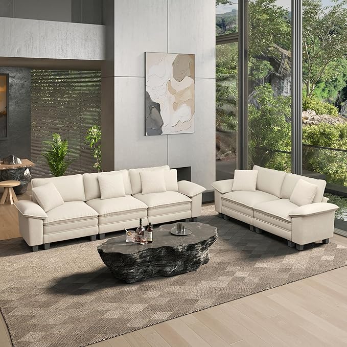 HERA'S HOUSE 2 Pieces Modular Sectional Sofa Sets, Oversized Couch Set with Loveseats, Comfy Cloud Couches with Throw Pillows, 5-Seater Deep Seat Sofa for Living Room, Chenille Beige