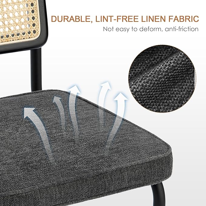 Zesthouse Natural Rattan Dining Chairs Set of 2, Mid Century Modern Dining Chairs with Solid Wood Back & Black Matte Base for Kitchen, Breuer Design Inspired, Upholstered Linen Fabric, Dark Grey