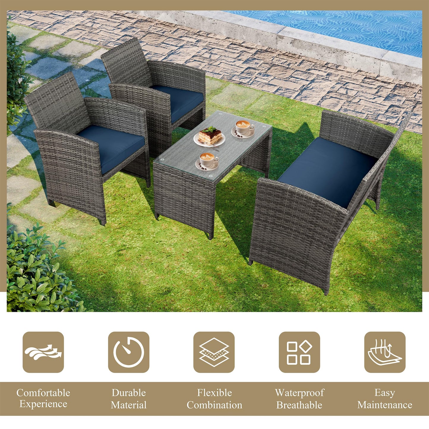 JAMFLY 4 Piece Outdoor Patio Furniture Set, Outdoor Wicker Rattan Chairs Conversation Sets with Cushions & Coffee Table for Outside, Garden, Balcony, Porch, Dark Blue