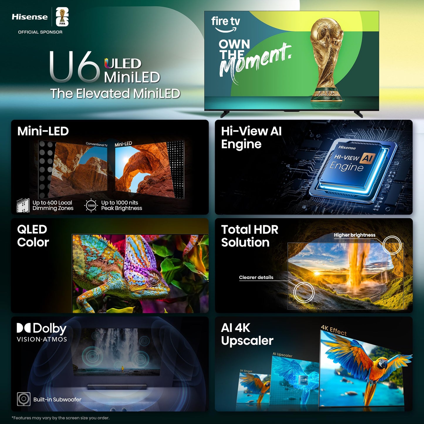 Hisense 65" Class U6 Series Mini-LED 4K UHD Smart Fire TV (65U65QF, 2025 Model) - QLED, Native 144Hz, HDR10+, Dolby Vision IQ, Dolby Atmos, Game Mode Pro, ALLM, Alexa Built in, Black