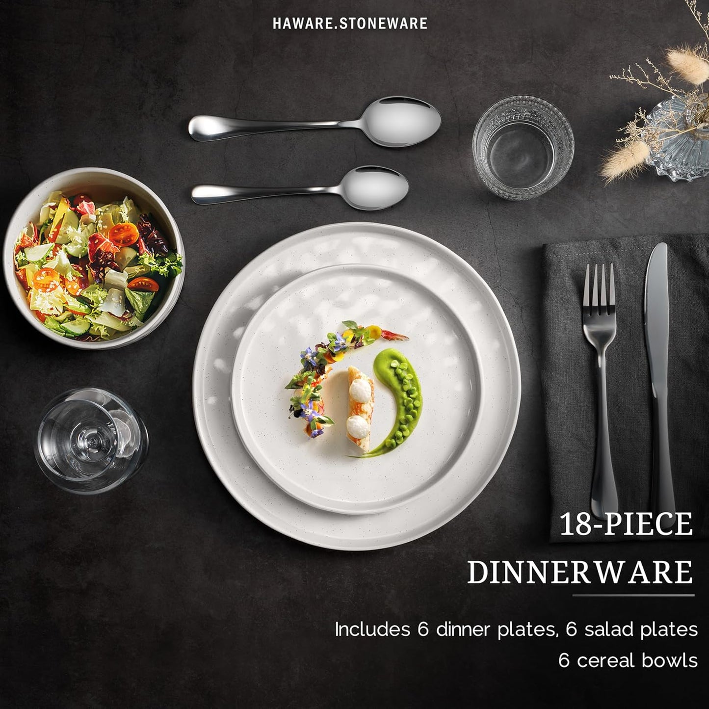 HaWare Dinnerware Sets, 18-Piece Plates and Bowls Set, Stoneware Dish Set for 6, Ceramic Dinnerware for Home Restaurant, Chip and Scratch Resistant, Microwave and Dishwasher Safe, Speckled White