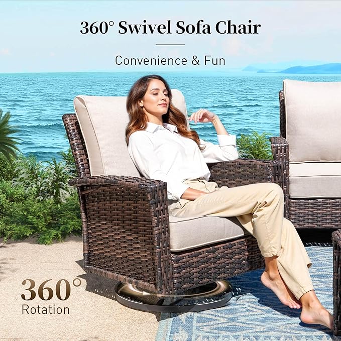 SUNSHINE VALLEY Patio Wicker Swivel Chairs Set of 2, Outdoor High Back Chairs with 5.5" Waterproof Cushions, Outdoor Furniture Set for Deck Porch and Yard, Peacock Blue