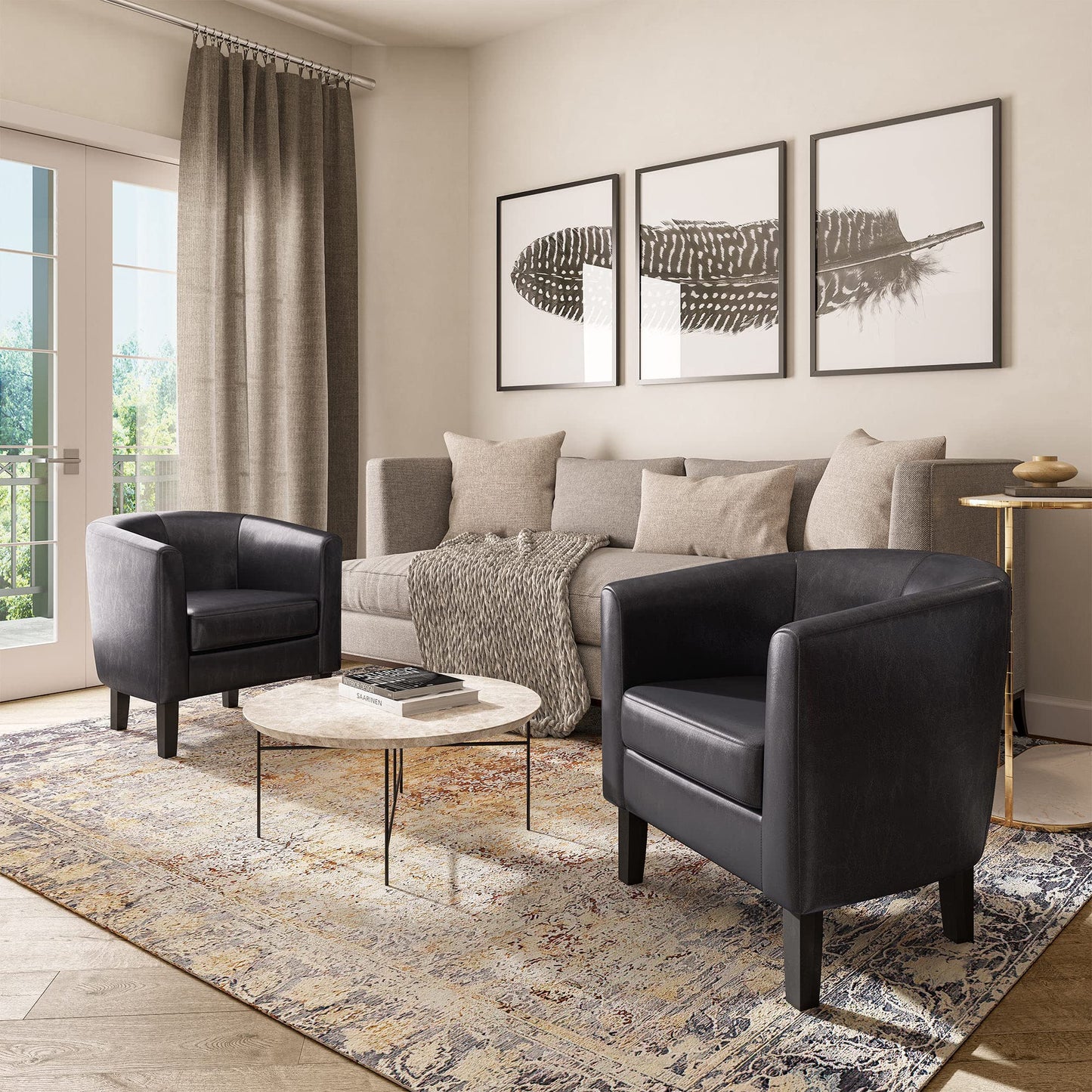 BELLEZE Living Room Chair, Faux Leather Round Accent Barrel Chair, Club Tub Sofa Chair for Bedroom, Corner Chair with Flared Legs and Cozy Soft Padding - Highland (Black)