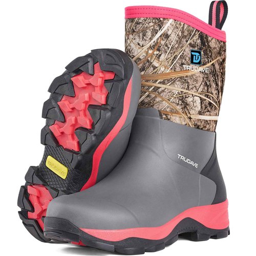Trudave Rubber Rain Boots for Women, Neoprene Insulated Mud Work Boots, Anti-slip Breathable Mid-calf Womens Waterproof Boots for Garden, Water Fishing, Pink, Size 10