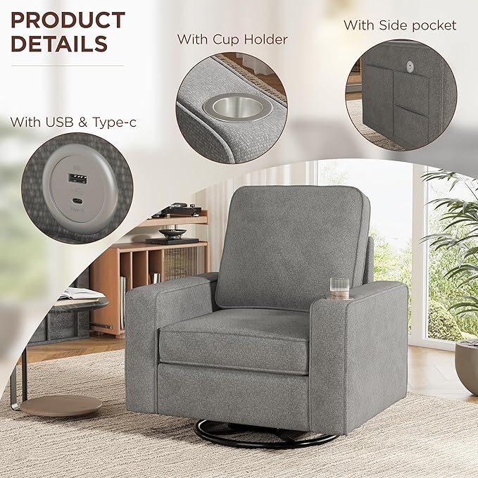 Swivel Square Accent Chair with Wide Armrests,360° Rotating Comfy Single Sofa Chairs with USB/Type-C,Cup Holder & Side Pocket,Modern Armchair for Living Room Bedroom Reading Lounge Nook,Light Grey | Swivel Accent Chair, with USB/Type-C, Cup Holder, Sid...