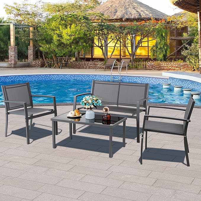 Vongrasig 4 Pieces Patio Furniture Set, Outdoor Patio Conversation Sets, Small Porch Balcony Furniture on Clearance, 4 Piece Patio Set for Deck, Garden, Backyard (Grey)