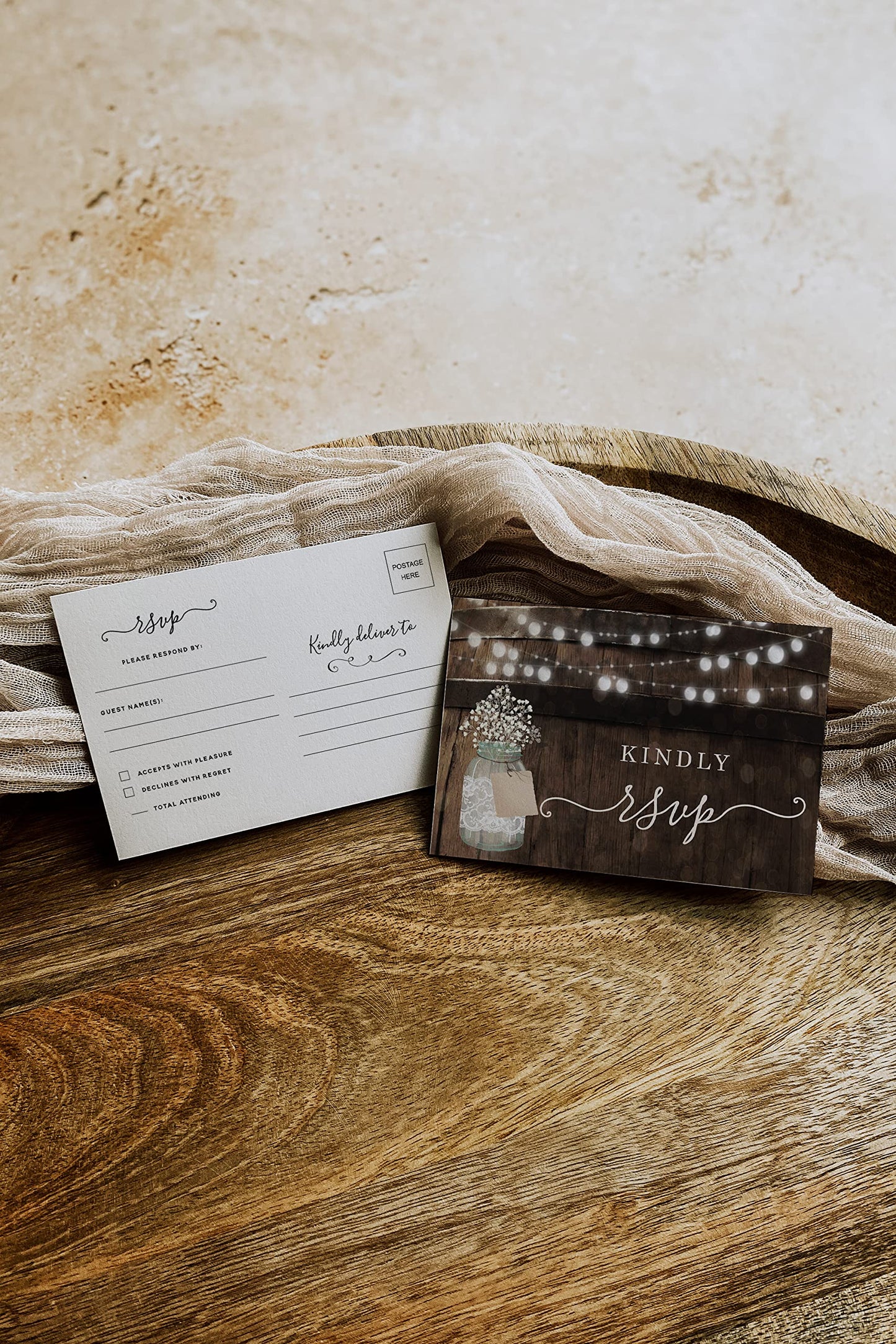 Your Main Event Prints 50 Rustic Mason Jar RSVP Postcards for Wedding, Response Cards, Reply Cards Perfect for Bridal Shower, Rehearsal Dinner, Engagement Party, Baby Shower