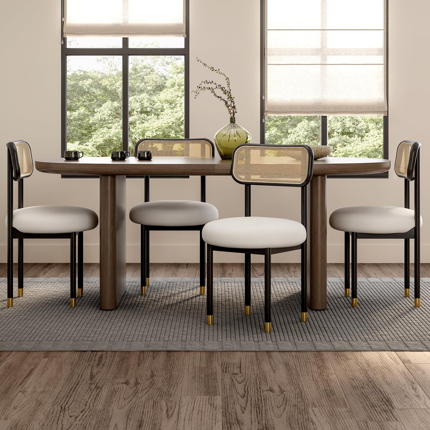 HoeuThien Upholstered Rattan Dining Chairs Set of 4, Mid Century Modern Kitchen Chairs with Curved Back and Solid Wood Legs Armless Accent Chair for Living Room Bedroom Restaurant, Black/White Linen