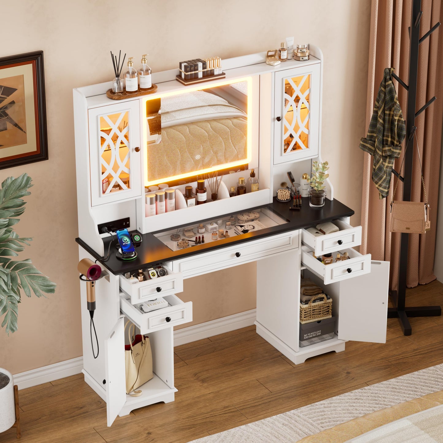 Vanity Desk with HD Lighted Mirror & Power Outlet, Farmhouse Makeup Vanity Table with 5 Storage Drawers & 2 Cabinets & Shelves, Large Glass Top Dressing Table with 3 Lighting Modes for Women,White