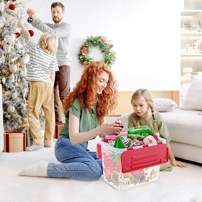 Superio Christmas Storage Box with Red Hinged Lids, Plastic Container Bins for Organizing with Attached Lid, Stackable Crates, BPA Free, Organizers for Home and Office, 35 Quart (20.25"x14"x10.5")
