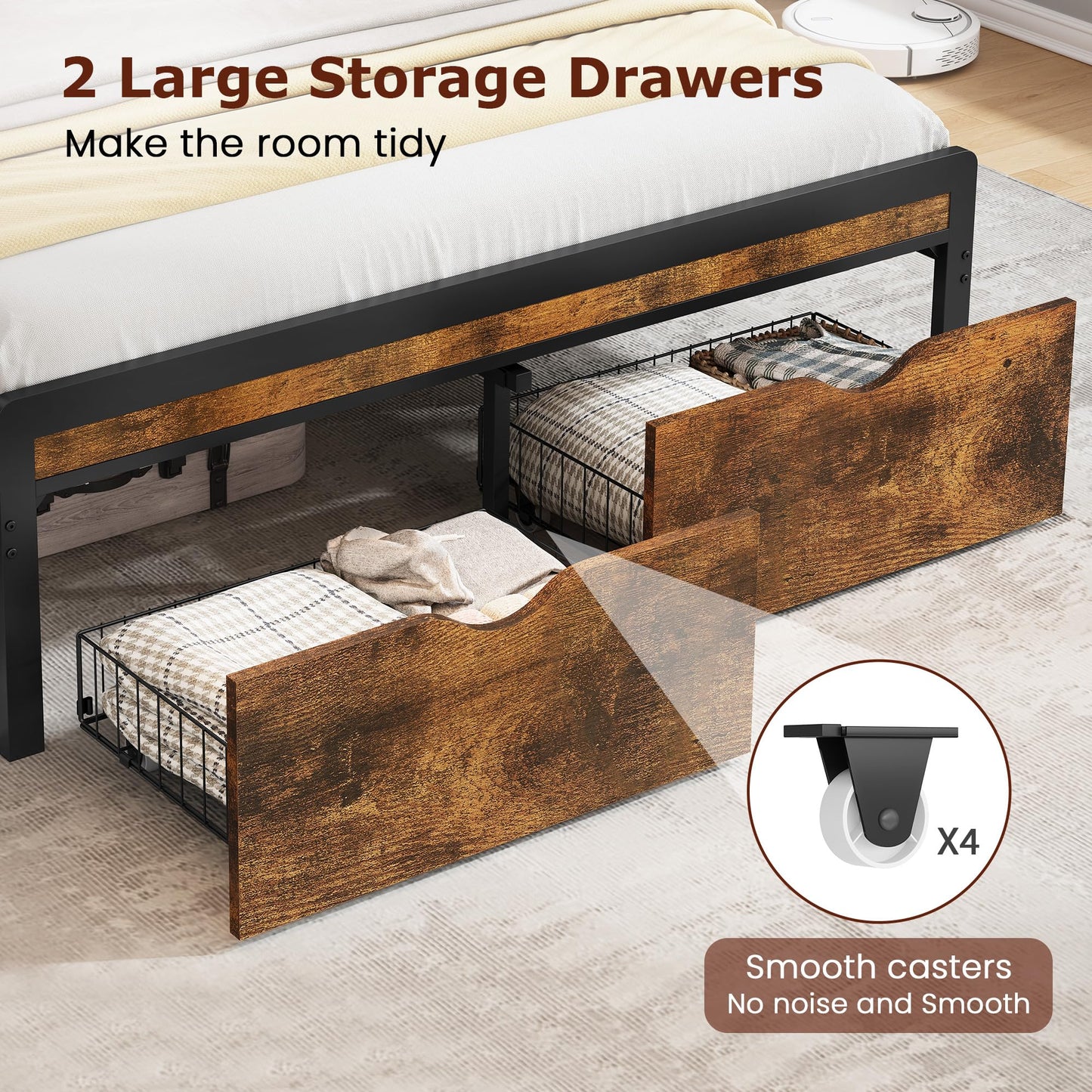 FAVOOSTY Queen Bed Frame with 2-Tier Headboard, Metal Platform Bed Frame with 2 Storage Drawers, LED Lights and Charging Station, Noise Free, No Box Spring Needed, Easy Assembly, Black Brown