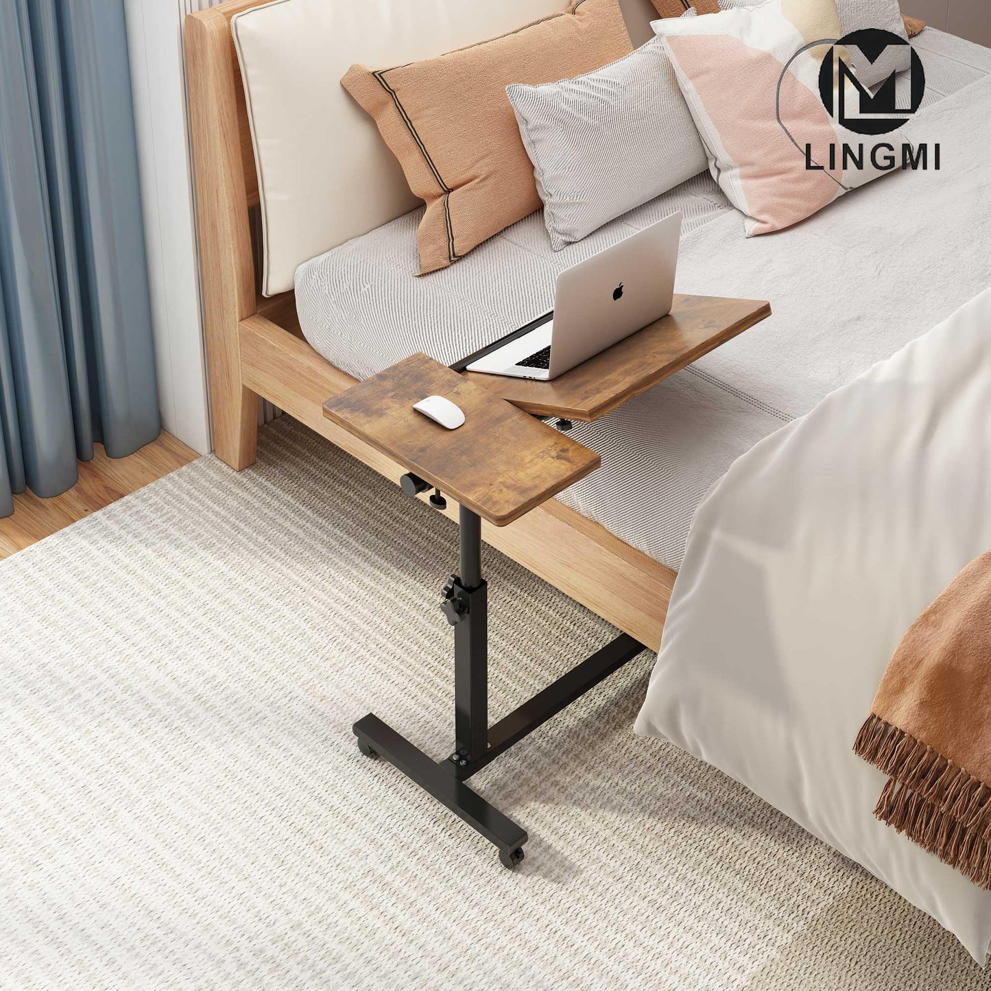 LINGMI Overbed Bedside Desk Mobile Rolling Laptop Stand Tilting Overbed Table with Wheels Height Adjustable Tray Table for Laptop Bed Sofa Side Table