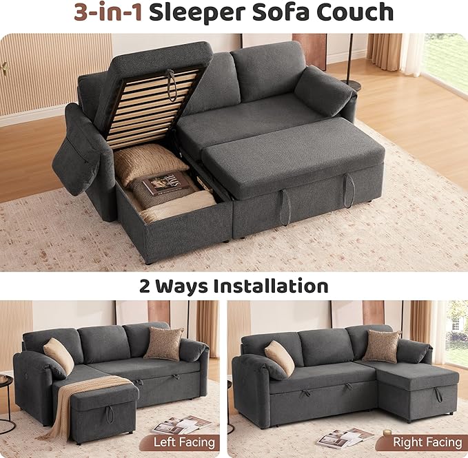 Tbfit 83'' Pull Out Sofa, 3 in 1 Sleeper Sofa Couch with USB & Storage Chaise, Comfy Sofa Bed with Pull Out Bed, Convertible Sleeper Sofas for Living Room, Small Spaces, Dark Gray
