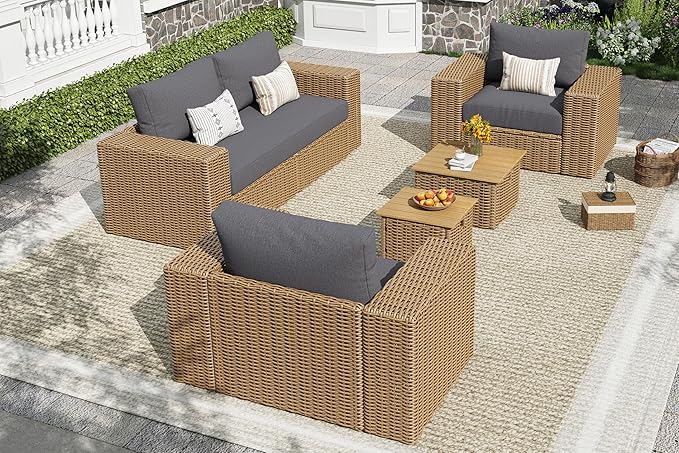 AMERLIFE 6-Piece Patio Sofa Set with Convertible Coffee Table - 8.3" Wide Armrests, UV-Resistant PE Rattan Outdoor Conversation Set for Balcony/Poolside, Waterproof Grey Cushions, Heavy-Duty Wicker
