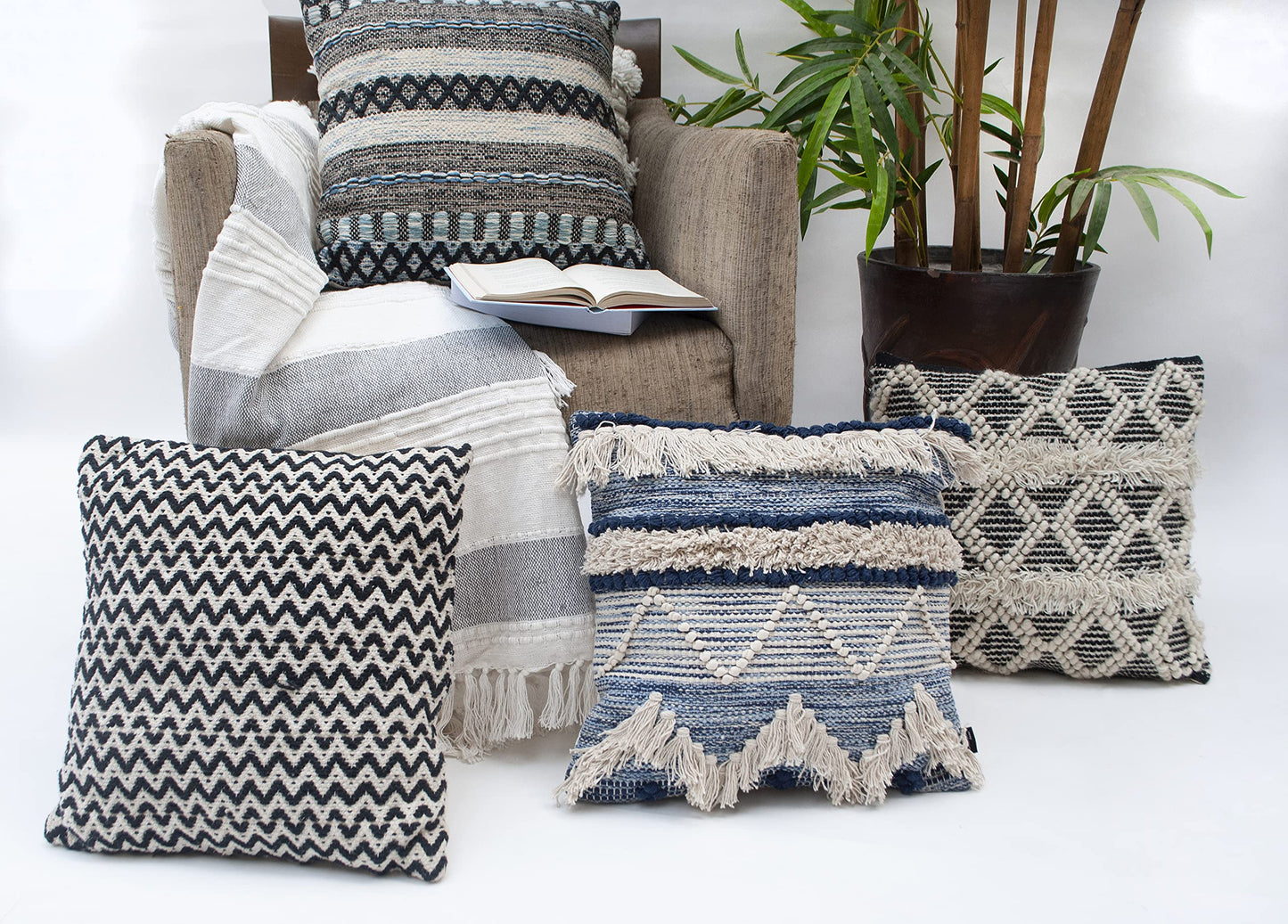Chardin home Montego Farmhouse Decorative Throw Pillow Covers (Set of 2). Boho Soft Warm Cotton Woven Square Pillow Cover 18x18 for Couch Sofa Bedroom, Blue/Off-White