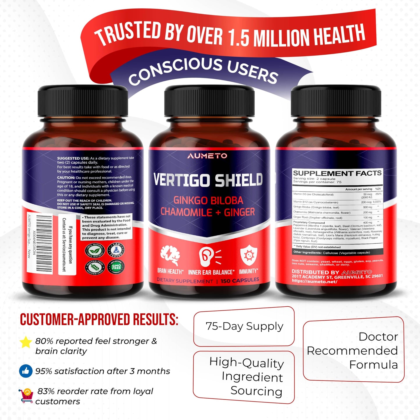 AUMETO Vertigo Support Complex with Ginkgo Biloba, Chamomile, Ginger, Vitamin D3, B12 - Advanced 14-in-1 Formula for Spinning Dizziness Inner Ear Balance*
