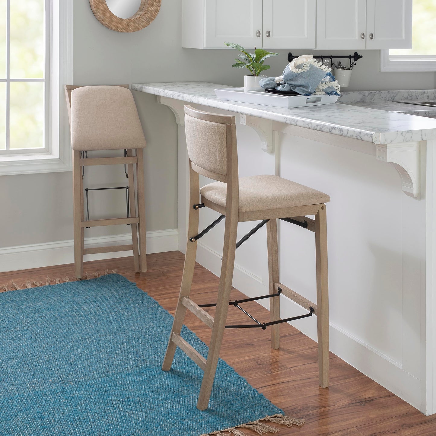 Linon Keira Natural Rustic Wooden Folding Barstool with Beige Upholstered Seat and Back