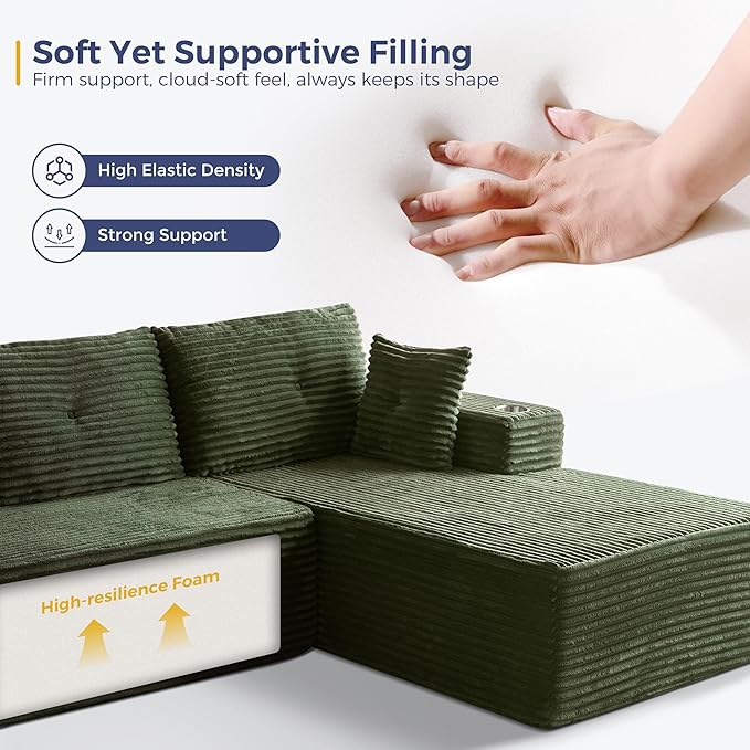MAXYOYO 104" U-Shaped Modular Sectional Couch, Modern Boneless Couch for Living Room, Sofa in A Box, Oversized Sofa Sleeper with Deep Seat, No Assembly Required, Green