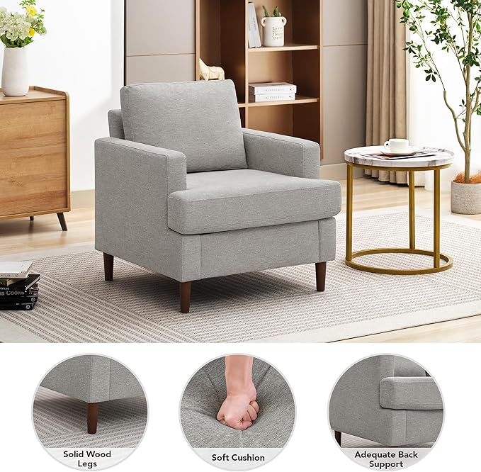 Weture Mid-Century Accent Chair,Modern Linen Fabric Armchair for Living Room,Comfy Upholstered Reading Accent Chairs for Bedroom,Single Sofa Chair with Wood Legs (Light Grey, 1 Pack)