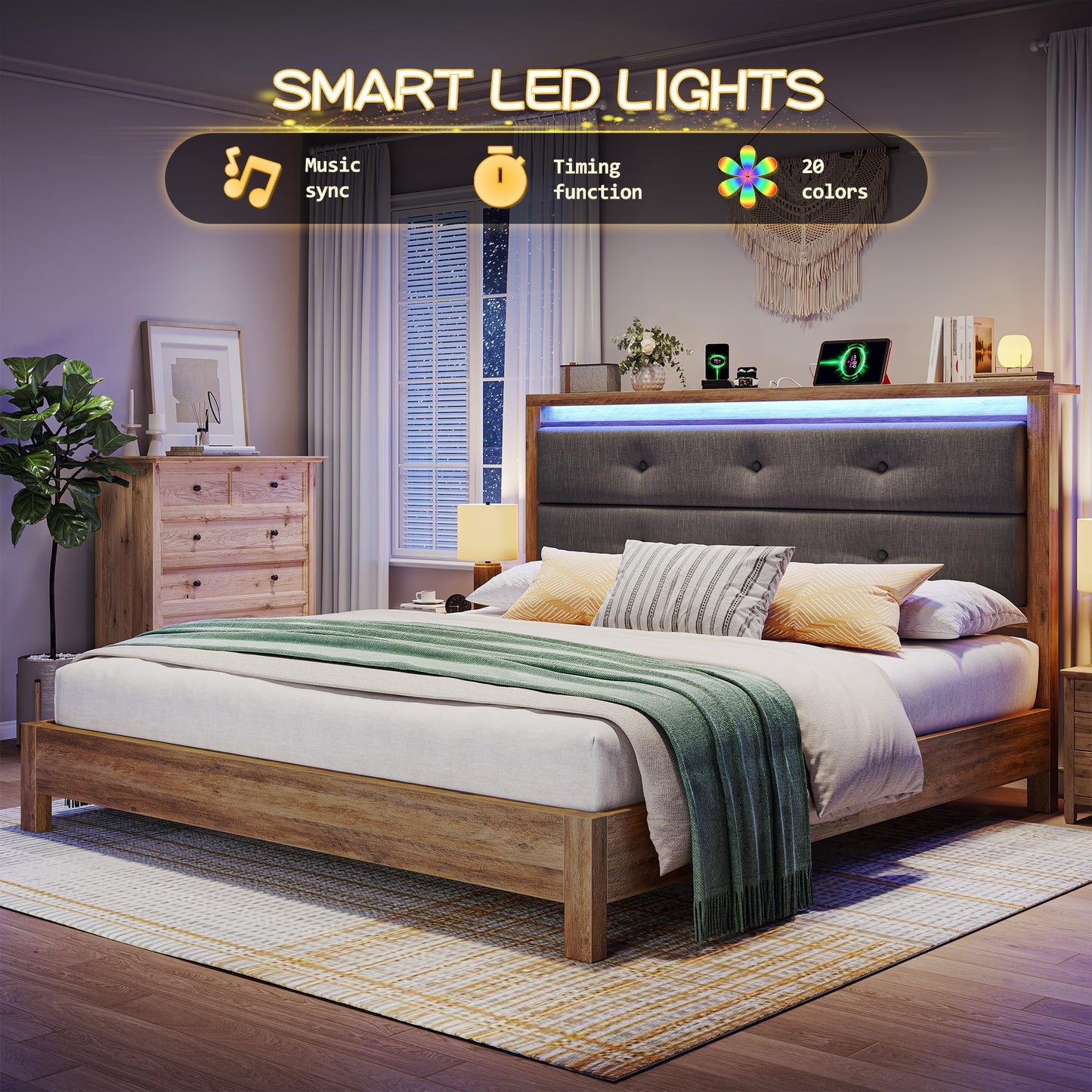 EnHomee Queen Bed Frame, Queen Size Bed Frame Solid Wooden Platform with Built in Charging Station & Upholstered Headboard LED, No Noise, Easy Assembly, No Box Spring Needed