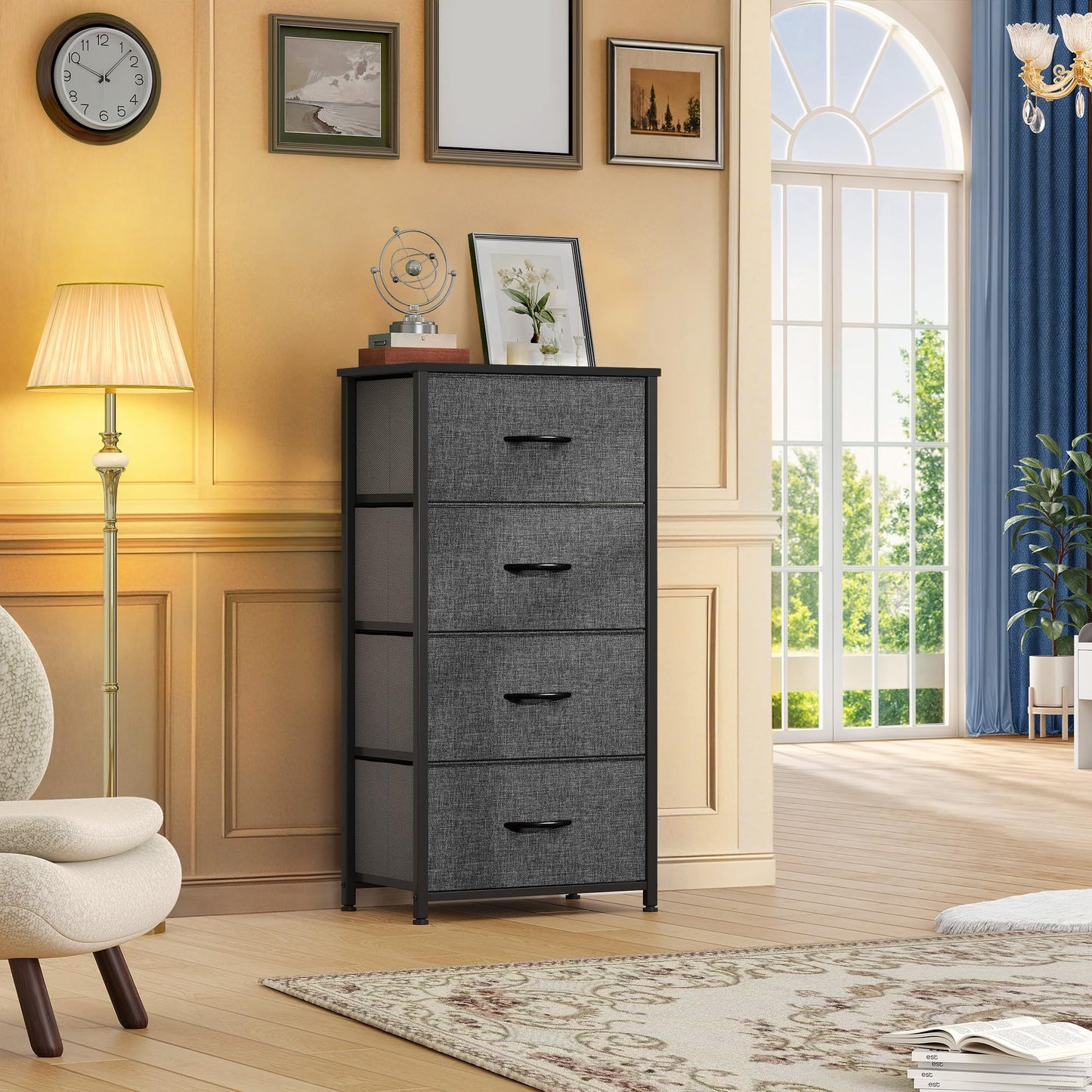 DWVO Storage Tower with 4 Drawers - Fabric Dresser, Organizer Unit for Bedroom, Living Room, Closets - Sturdy Steel Frame, Easy Pull Fabric Bins & Wooden Top