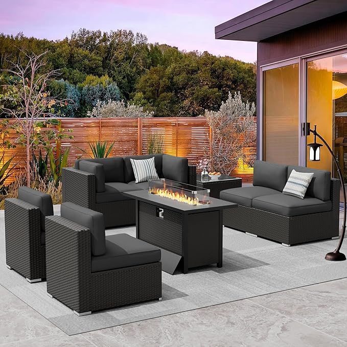 Crownland 8-Piece Outdoor Patio Furniture Sets with 45” Propane Gas Fire Pit Table, All-Weather Black Wicker Rattan Sectional Sofa with Coffee Table(Grey)