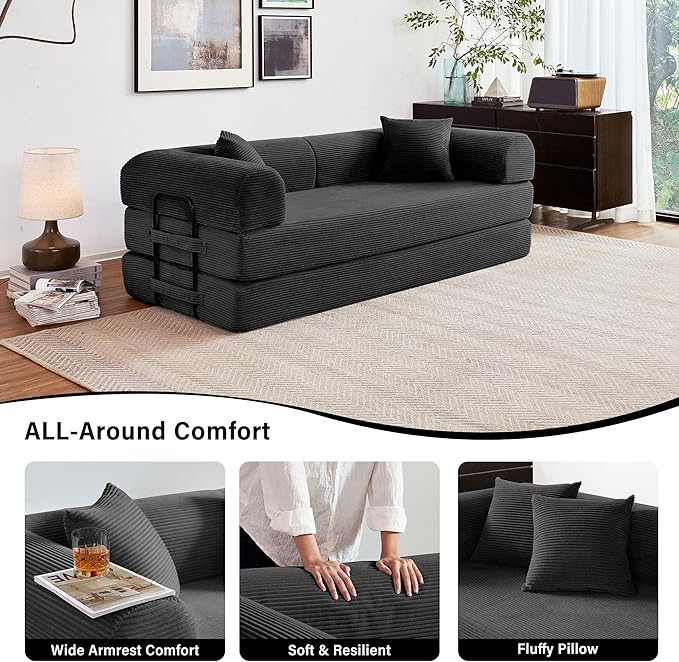 79" 5-in-1 Folding Convertible Sofa Bed, Oversized Corduroy Futon Floor Couch with Pull-Out Sleeper, Modular Boneless Loveseat for Small Spaces, Living Room, Bedroom (Black)