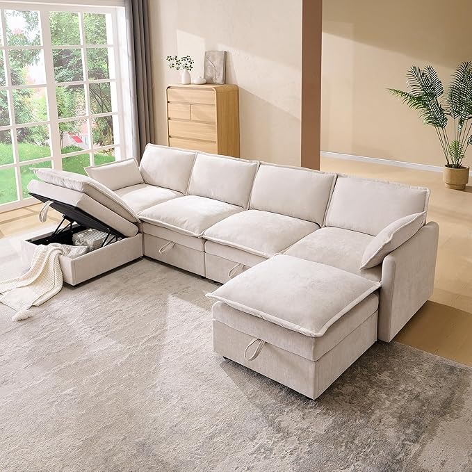 112.6" Sectional Couches for Living Room, Cloud Couch Sectional with Large Storage, U-Shape Modular Sectional Sofa with Ottoman, 6 Seater Chenille Sofa with Pillow for Apartment, Bedroom, Beige