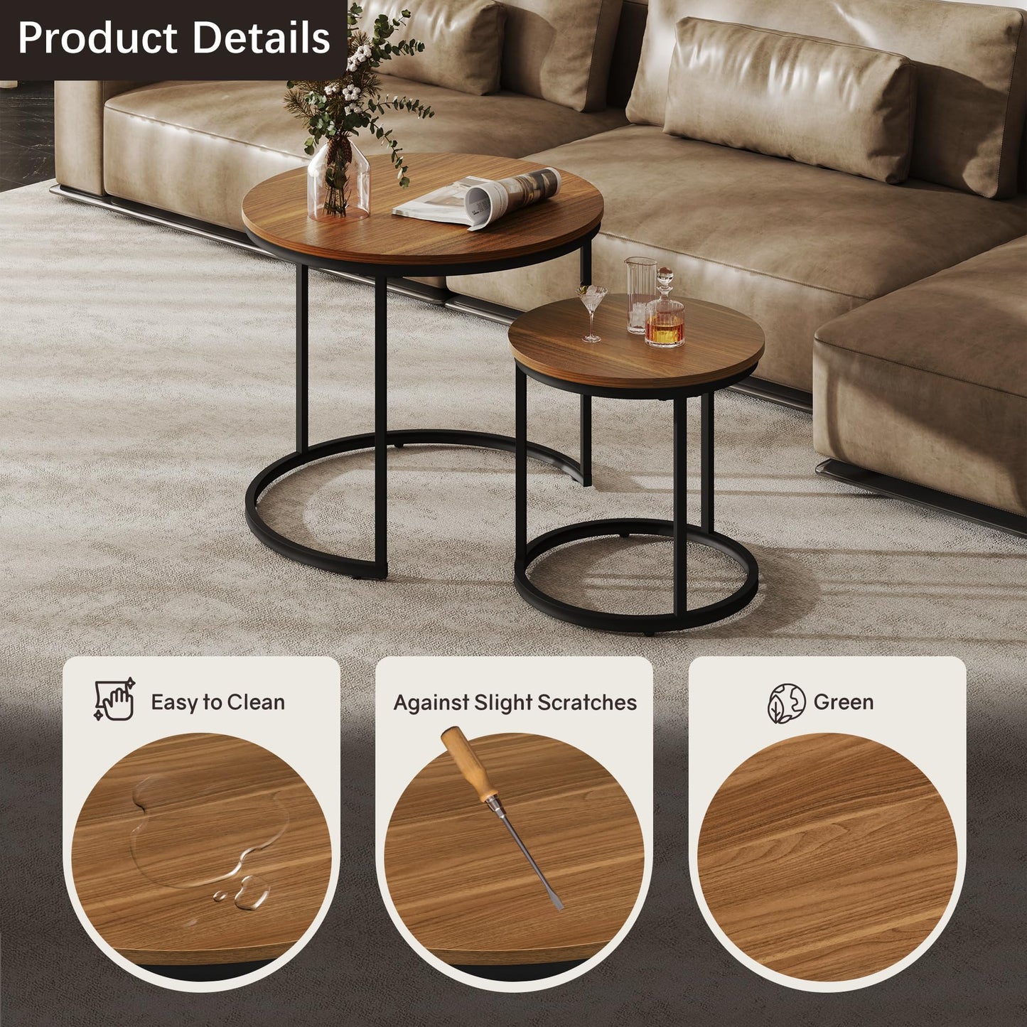 Otterease Nesting Tables Set of 2, Round Coffee Table, Small Nesting Coffee Table with Adjustable Non-Slip Fee, Wood Grain Top Nesting Tables for Living Room, Bedroom (Wood Grain Brown)
