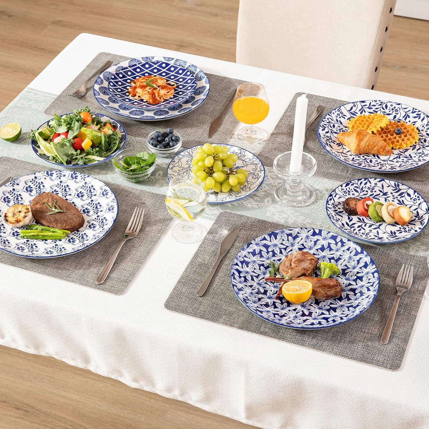 Sweejar Plates and Bowls Set for 4, 12 Pieces Handmade Ceramic Dinnerware Sets, Highly Scratch Resistant Dishes Set for Kitchen, Porcelain Dishwasher & Microwave Safe Dishes Set (Vintage Blue)