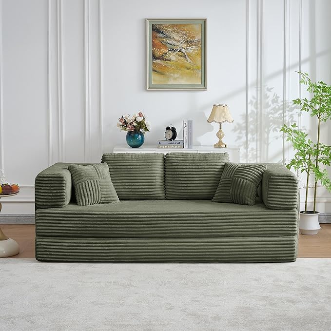 79.5" Folding Convertible Sofa Bed with Side Storage Pockets, 4-in-1 Corduroy Boneless Couch, No Assembly Loveseat Sleeper, Floor Sofa Daybed Futon Couch for Living Room Bedroom Lounge, Green Upgraded