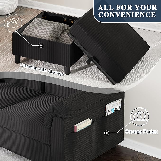 Meilocar Sectional Sofa Couch for Living Room, 79" Sectional Couches with Ottoman, L Shaped Couch with Armrests Side Storage Pockage, 3-Seat Sofa Couches for Apartment, Black