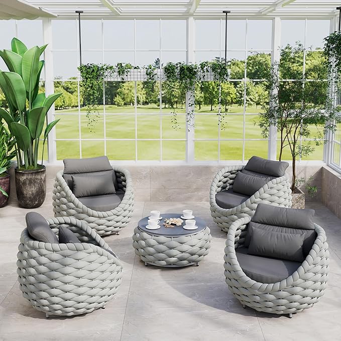 Erotr Front Porch Furniture 5 Piece Set: Aluminum Woven Rope Patio Conversation Sofa Set - Assembled Accent Chair Modern - Cushioned Armchair Couch Set for 400 lbs Deck Backyard Poolside Garden Hotel