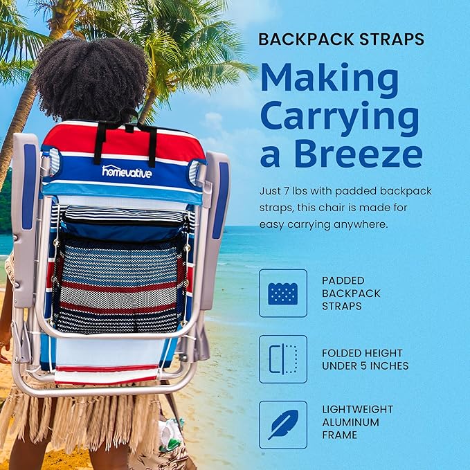 Homevative Cooler+ Folding Backpack Beach Chair with 5 Positions, Towel bar, XL Cooler Pouch, Storage Net, Cup and Phone Holder, Fireworks, 2 Pack