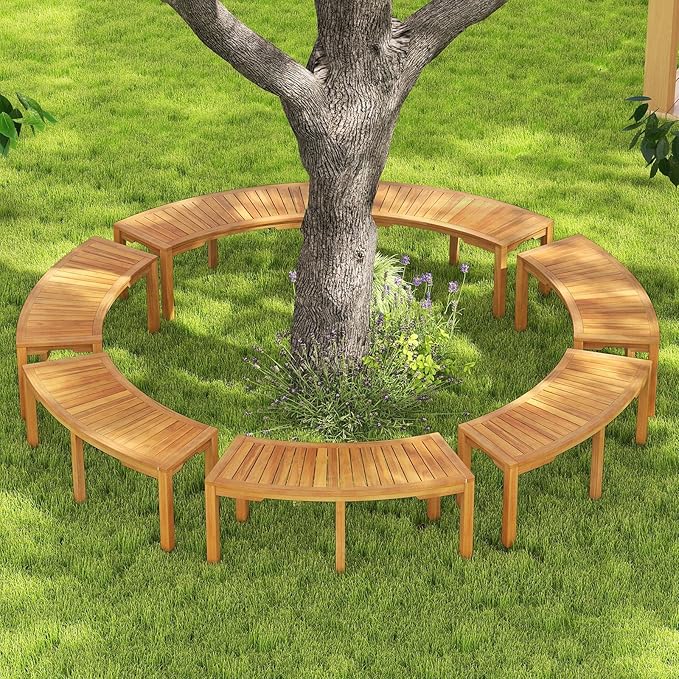 Tangkula Outdoor Curved Bench, Acacia Wood Fire Pit Bench w/Slatted Seat, Patio Backless 2-Person Seating for Porch, Yard, Garden, 800 LBS Max Load, Oil Painted (4, 45")