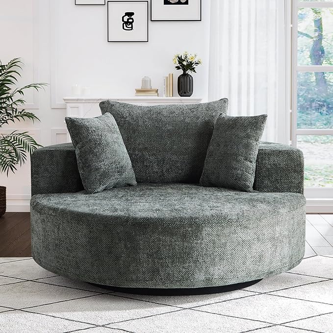Oversized Round Swivel Chaise Longue Chair Indoor, Modern 55-inch 360 Degree Swivel Upholstered Waffle Chenille Deep Seat Circle Single Cloud Sofa Chair for Living Room Bedroom Apartment Office, Green
